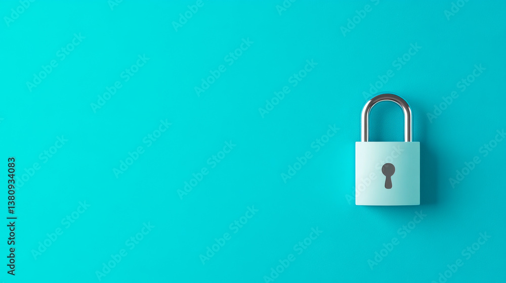 Fototapeta premium A minimalistic turquoise background features a silver padlock, symbolizing security and protection.