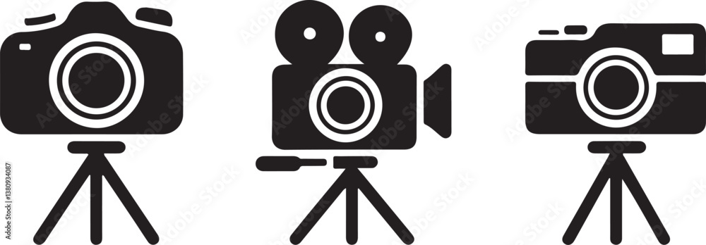 Obraz premium Vintage and modern movie cameras on tripods isolated on white background