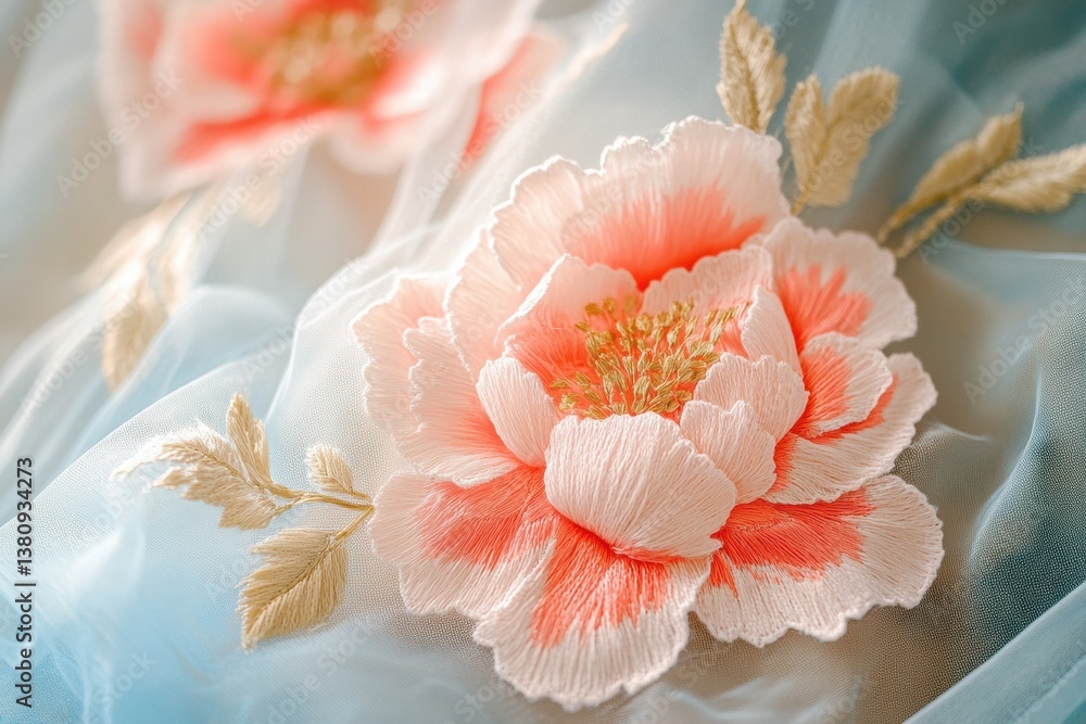 Intricate floral embroidery on soft blue fabric with peach flowers and leaf details Intricate floral embroidery on soft blue fabric with peach flowers and leaf details