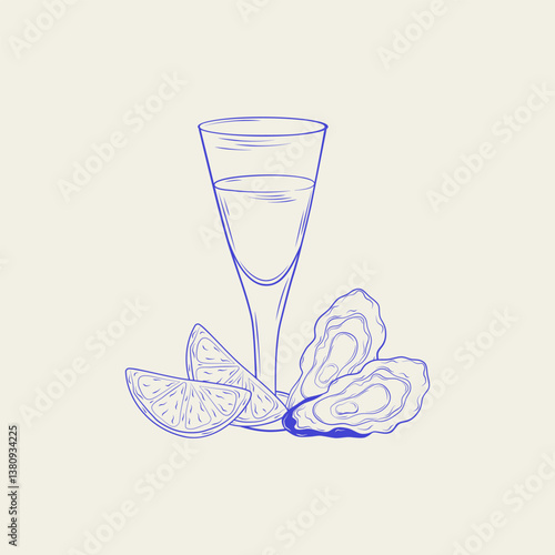 Hand-drawn food illustration: champagne glass, oysters, and lemon wedges. Vector illustration.
