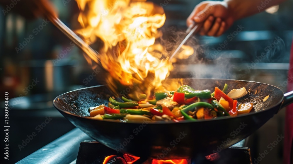 Culinary action shot: Chef stirring vibrant vegetables in a fiery wok scene