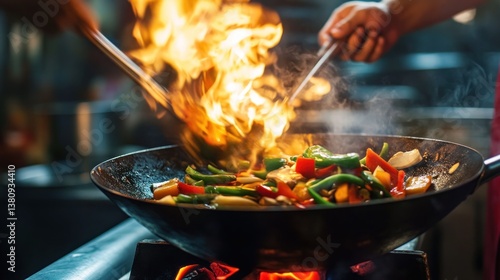 Obraz na płótnie Culinary action shot: Chef stirring vibrant vegetables in a fiery wok scene w salonie
