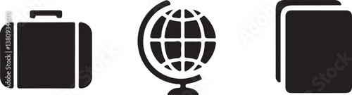 Black and White Vector Icons of Paper Bag and Paper Clip with Globe and Internet Symbol Elements