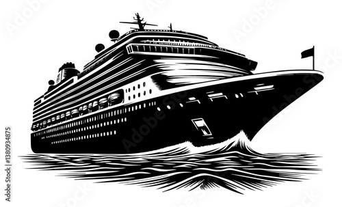 A black and white silhouette of a cruise ship on a white isolated background. Vector graphics. EPS.