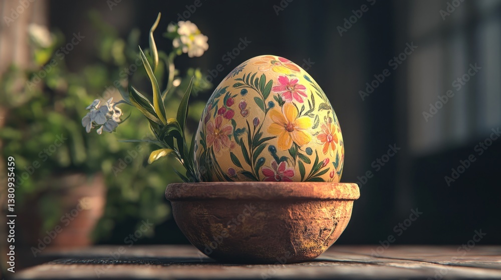 Decorated Egg in Clay Pot with Flowers on Rustic Surface