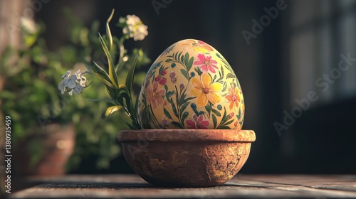 Obraz na płótnie Decorated Egg in Clay Pot with Flowers on Rustic Surface w salonie