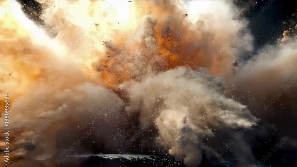 Powerful Explosion with Flying Debris and Dust: A dramatic explosion ...