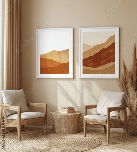 Two abstract landscape prints in earthy tones displayed above wooden armchairs in a minimalist living room.