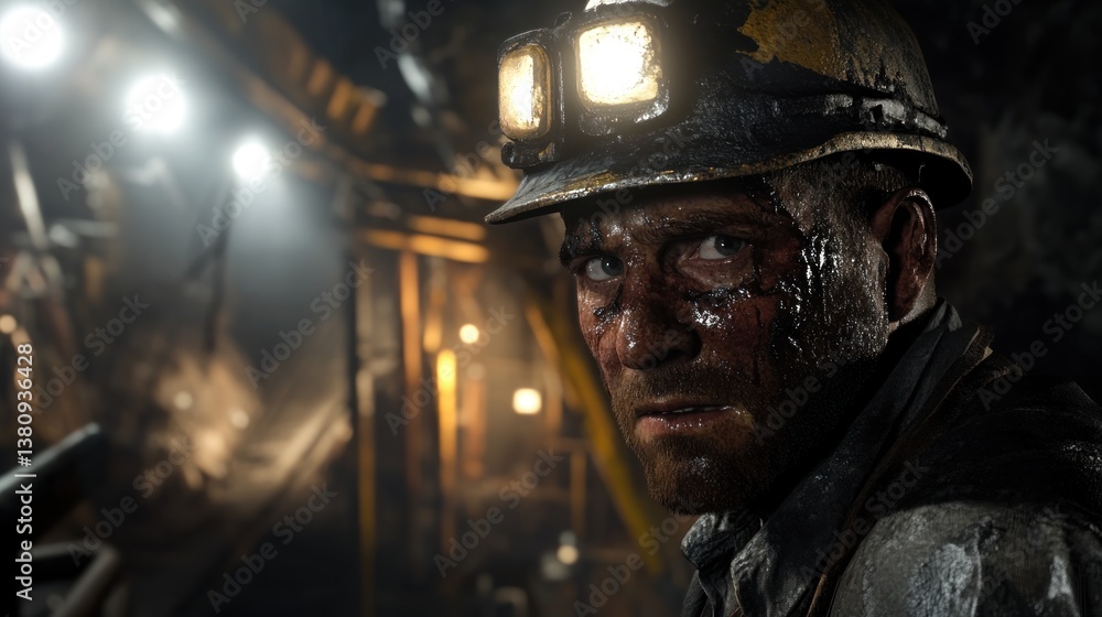 Tired coal miner wipes his brow underground after a long shift in the mine