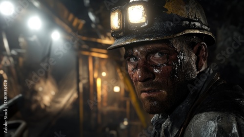 Obraz na płótnie Tired coal miner wipes his brow underground after a long shift in the mine w salonie