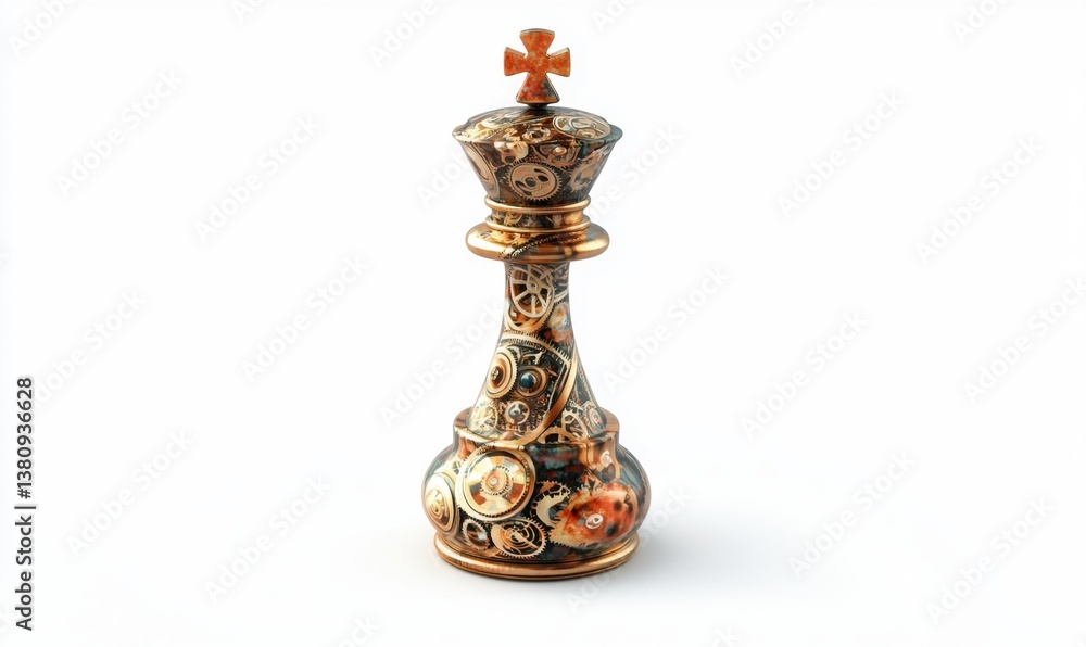Fototapeta premium Ornate Steampunk King Chess Piece on White Background for Design