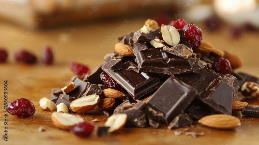 Delicious dark chocolate chunks mixed with almonds, cranberries and peanuts creating a perfect trail mix