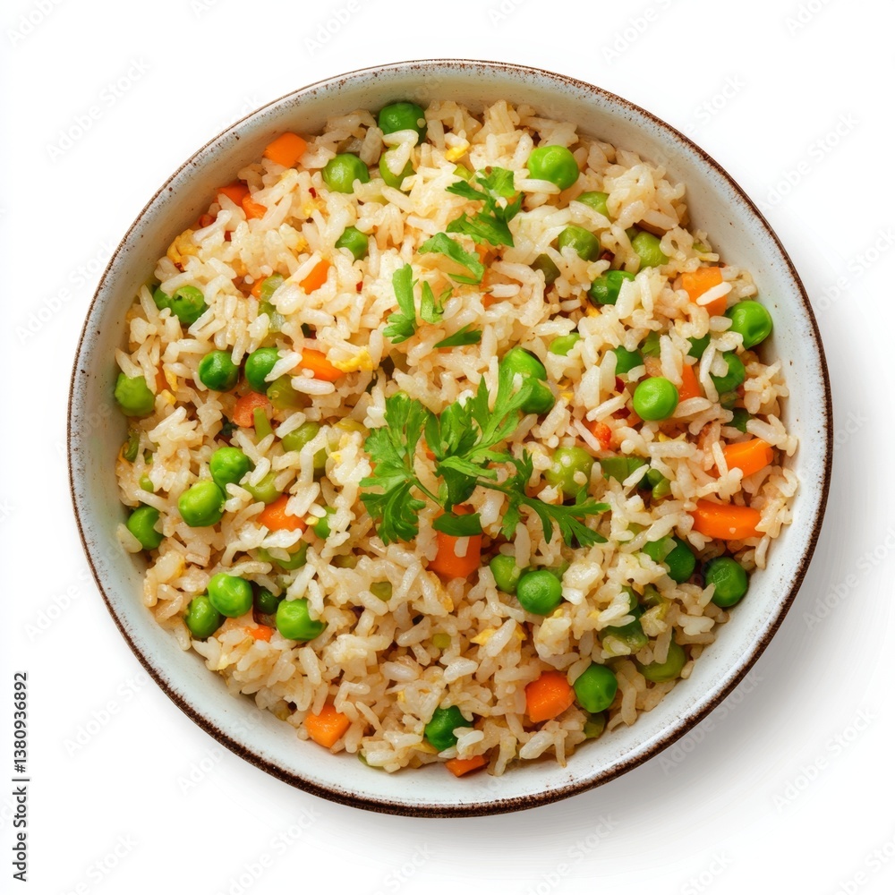 Delicious vegetable fried rice bowl, studio shot, white background, meal prep Delicious vegetable fried rice bowl, studio shot, white background, meal prep