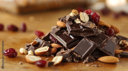 Obraz na płótnie Delicious dark chocolate chunks mixed with almonds, cranberries and peanuts creating a perfect trail mix w salonie