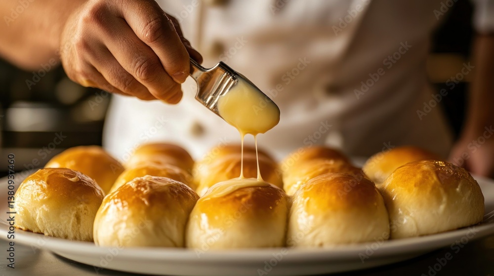 Chef's finishing touch: Brushing golden melted butter on freshly baked rolls on a white plate