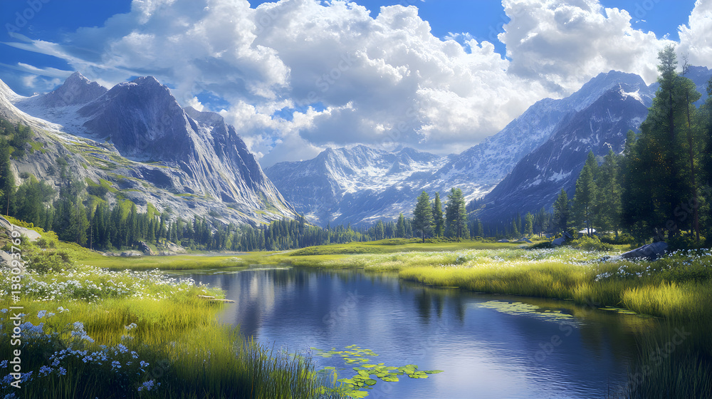 SERENE VALLEY LANDSCAPE WITH MEANDERING STREAM AND TOWERING MOUNTAINS UNDER A VIBRANT SKY, SHOWCASING LUSH VEGETATION AND A TRANQUIL ATMOSPHERE IN THE HEART OF NATURE'S BEAUTY. SERENE VALLEY LANDSCAPE WITH MEANDERING STREAM AND TOWERING MOUNTAINS UNDER A VIBRANT SKY, SHOWCASING LUSH VEGETATION AND A TRANQUIL ATMOSPHERE IN THE HEART OF NATURE'S BEAUTY.