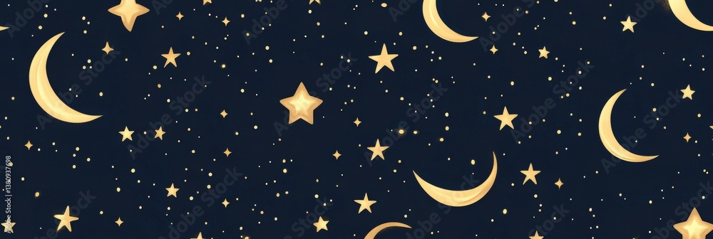 Seamless vector pattern of stars and crescent moons in navy and gold Seamless vector pattern of stars and crescent moons in navy and gold