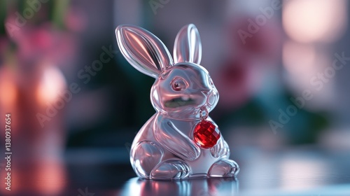 Obraz na płótnie Glass Rabbit Figurine with Red Gem on Reflective Surface w salonie