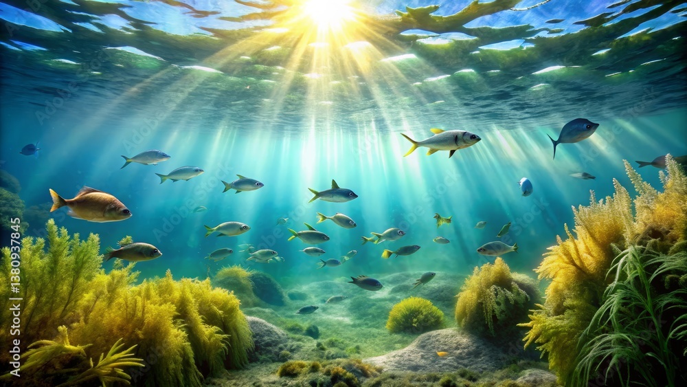 Fototapeta premium Underwater Scene with Sunlight, Fish, and Vibrant Marine Flora