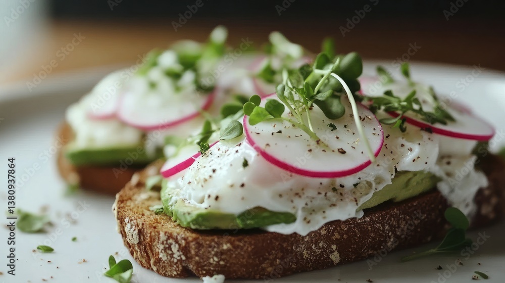 Gourmet avocado toast with poached egg, radish slices, and microgreens on whole wheat bread