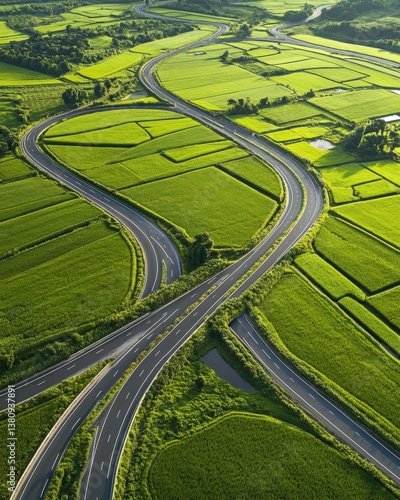 Serene aerial view of countryside highways intersecting through green fields