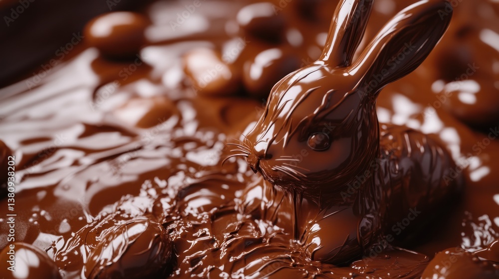 Chocolate Rabbit Figurine Surrounded by Melted Chocolate Candies Close Up