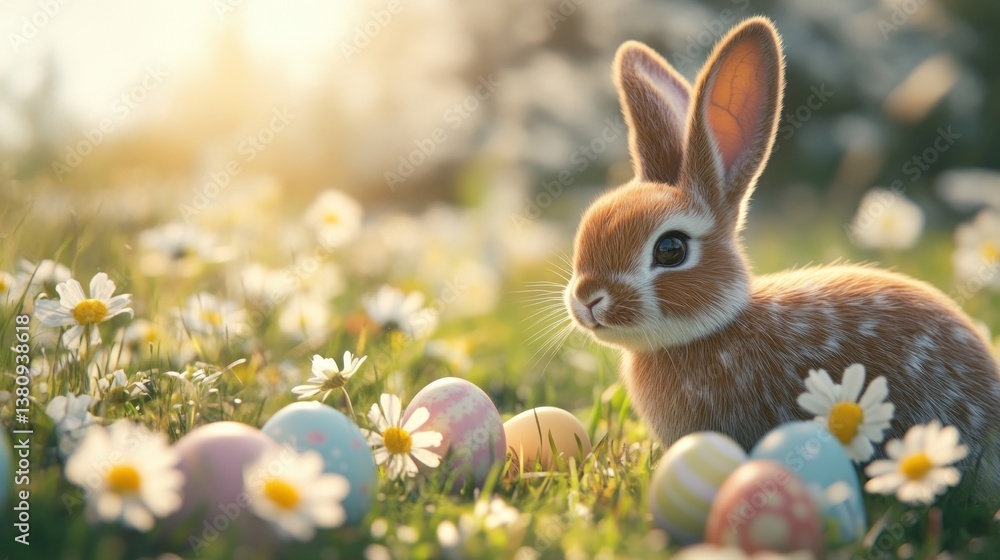 Rabbit Surrounded by Easter Eggs in a Daisy Filled Meadow