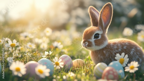 Rabbit Surrounded by Easter Eggs in a Daisy Filled Meadow
