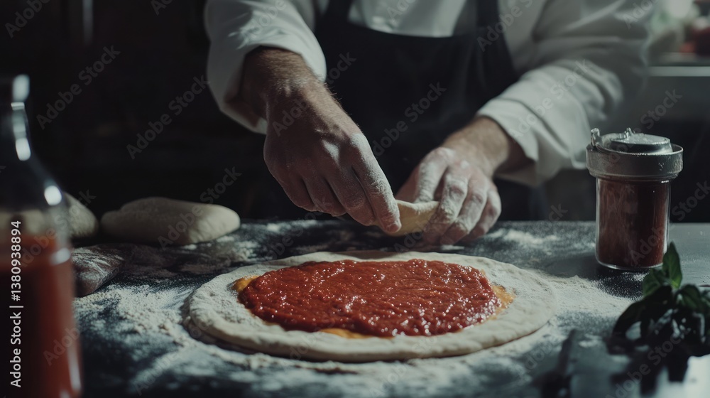 Crafting Authentic Italian Pizza: Chef Preparing Dough and Adding Sauce with Skill