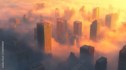 Spectacular cityscape emerging from dense fog, bathed in the radiant glow of sunrise
