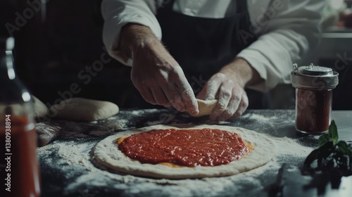 Obraz na płótnie Crafting Authentic Italian Pizza: Chef Preparing Dough and Adding Sauce with Skill w salonie