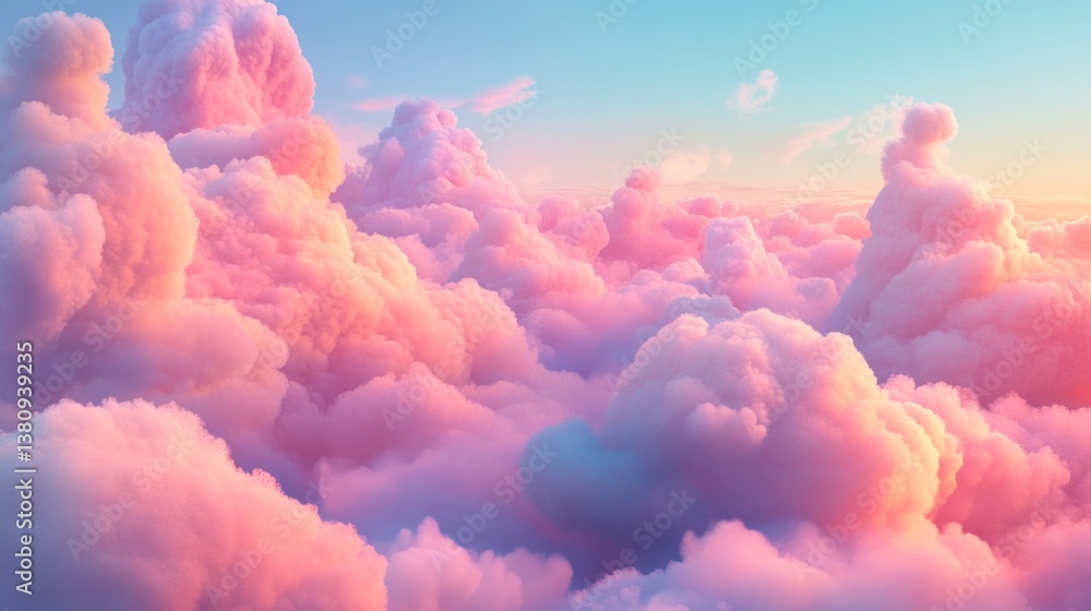 Dreamscape: A panorama of fluffy, pink cotton candy clouds floating serenely in the sky