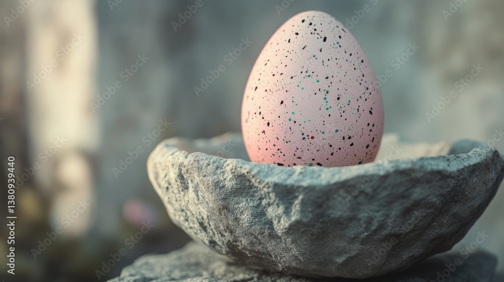 Speckled Pink Egg Resting in Stone Bowl a Minimalist Easter Still