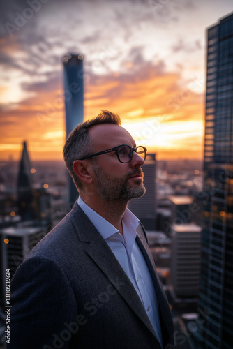 High-tech city at sunset, viewed from a drone with skyscrapers reflecting fiery sky and soft motion blur of traffic, creating a cinematic atmosphere Generative AI