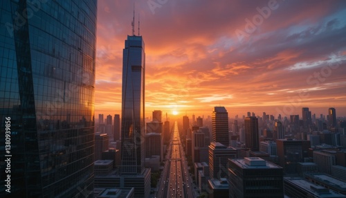 High-tech city at sunset, viewed from a drone with skyscrapers reflecting fiery sky and soft motion blur of traffic, creating a cinematic atmosphere Generative AI