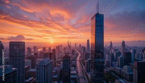 High-tech city at sunset, viewed from a drone with skyscrapers reflecting fiery sky and soft motion blur of traffic, creating a cinematic atmosphere Generative AI