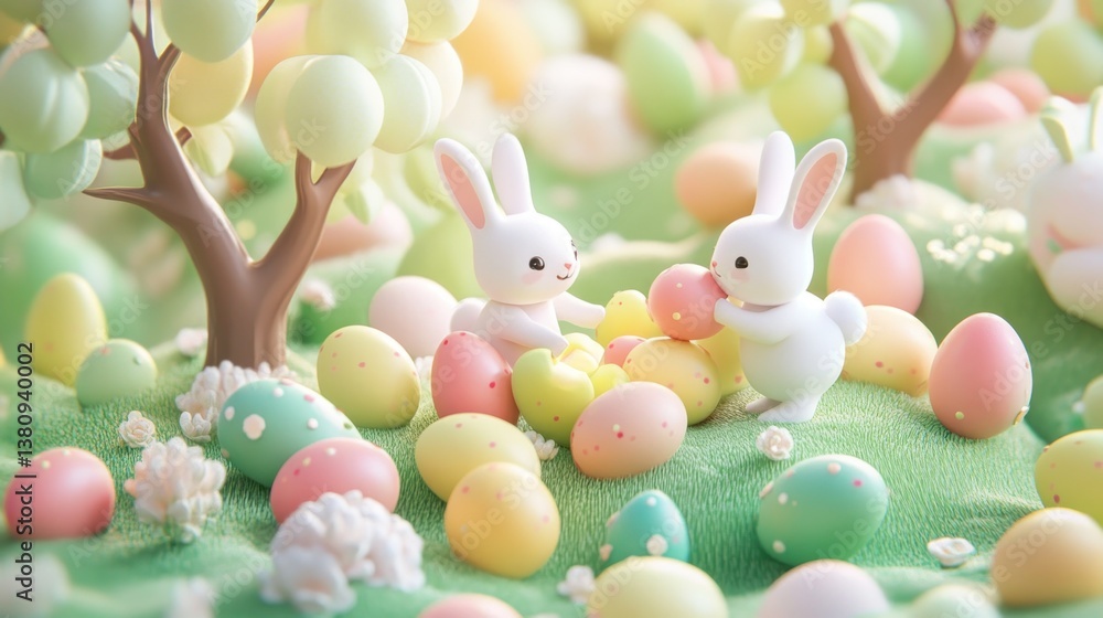 Delightful Easter Orchard Scene with Playful Bunnies and Pastel Colored Eggs