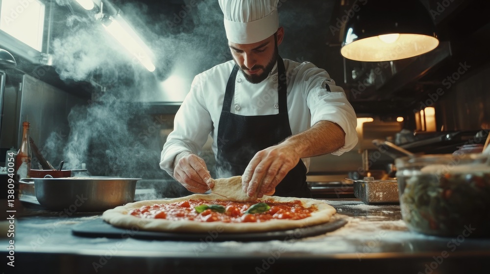 Dedicated chef preparing a traditional neapolitan pizza with fresh ingredients