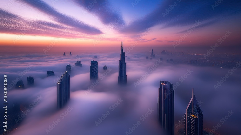 Spectacular cityscape enveloped in fog under a mesmerizing dawn sky panorama