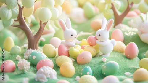 Obraz na płótnie Delightful Easter Orchard Scene with Playful Bunnies and Pastel Colored Eggs w salonie