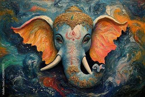 A colorful painted elephant face with ornate golden detailing