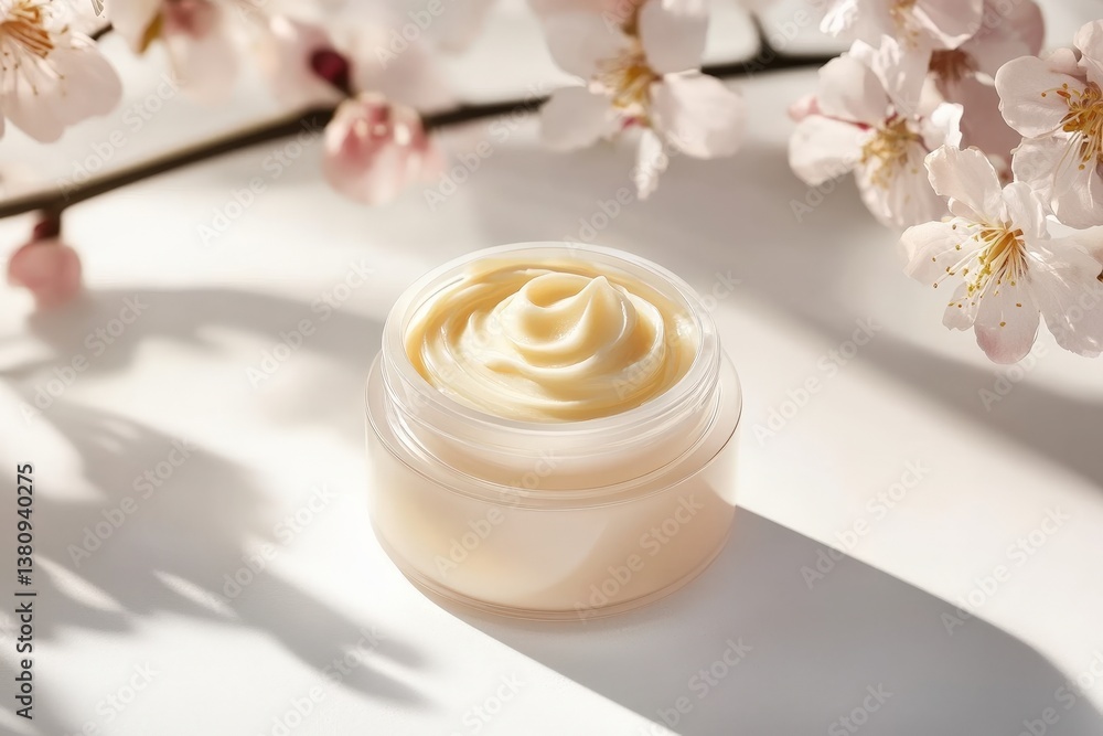 Skincare cream swirled in an elegant design on a clean white surface Skincare cream swirled in an elegant design on a clean white surface