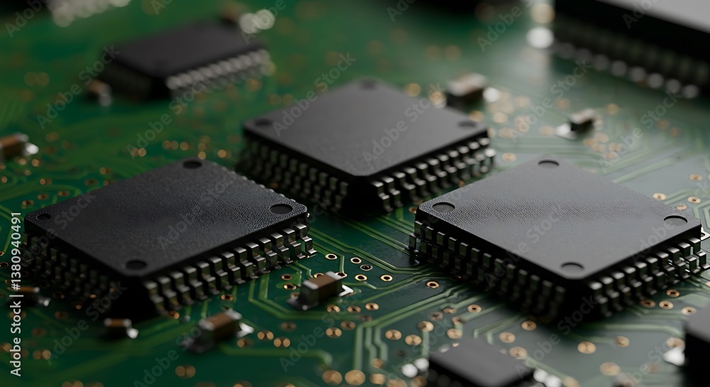 Circuit Board Trio: Macro of Semiconductor Chips on Green Printed Circuit. Circuit Board Trio: Macro of Semiconductor Chips on Green Printed Circuit.
