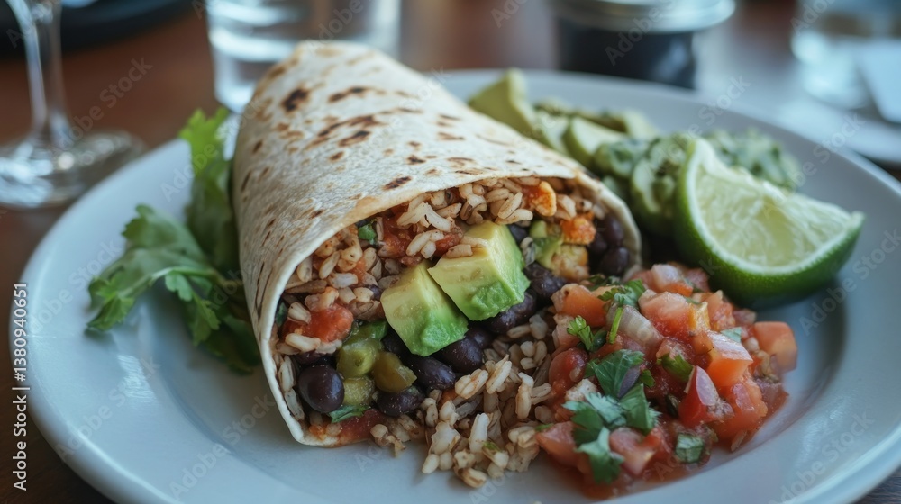 Delicious vegan burrito with black beans, rice, avocado, and fresh salsa offering a colorful and healthy culinary experience