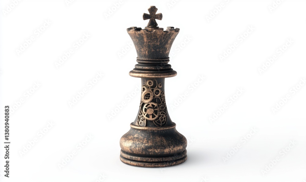 Fototapeta premium Steampunk chess queen on white background, strategy concept