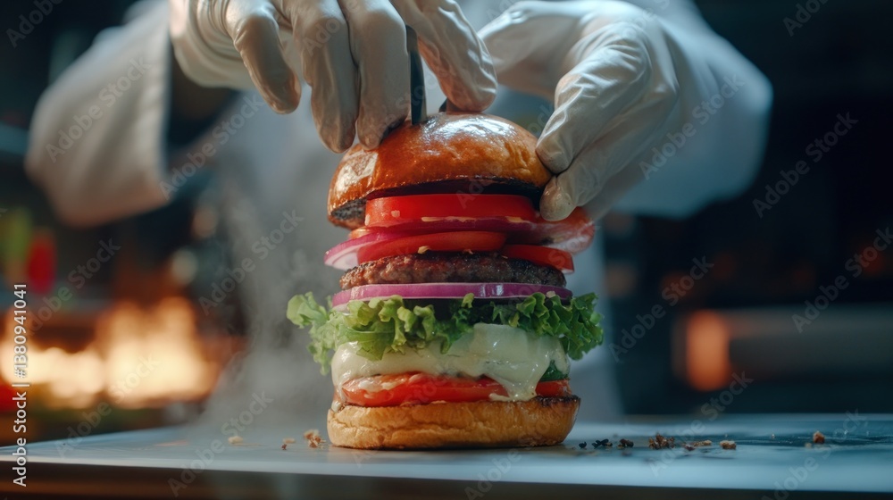 Chef meticulously assembling a gourmet burger, focusing on precise layering
