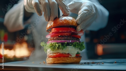 Obraz na płótnie Chef meticulously assembling a gourmet burger, focusing on precise layering w salonie