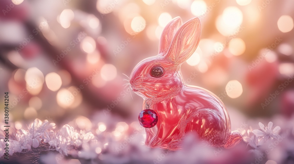 Pink Rabbit Figurine Sitting Among Cherry Blossoms with Warm Light