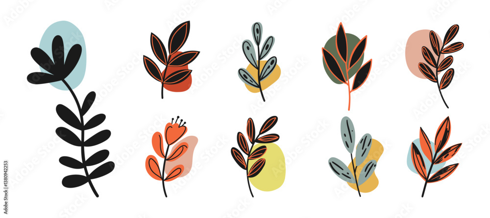 Botanical doodle background art vector set. Flower and leaves are abstract-shaped doodle art designs for print, wallpaper, and clip art. Botanical doodle background art vector set. Flower and leaves are abstract-shaped doodle art designs for print, wallpaper, and clip art.