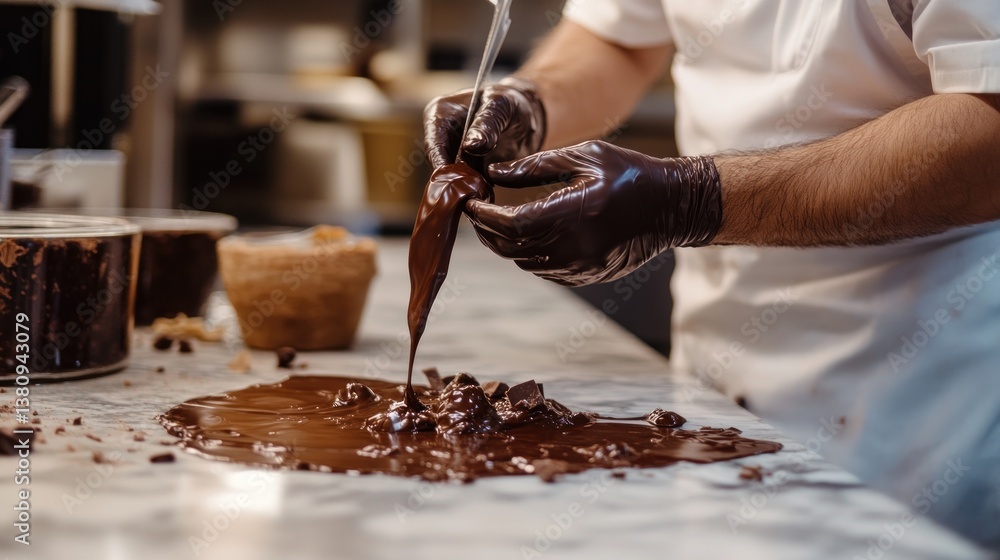 Artisan chocolatier expertly tempering melted chocolate, crafting delicacies with meticulous care